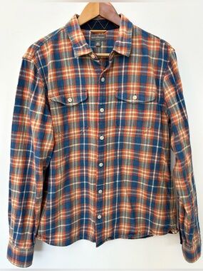 L.L.Bean Signature Slim Fit Plaid Flannel Shirt Mens M Blue Orange Cotton